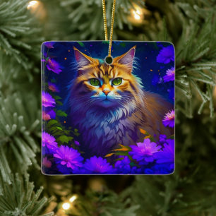 Ornement En Céramique Chat éthéré dans des fleurs violettes Noël