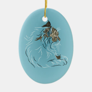 Ornement En Céramique Chat gris pelucheux sur l'arrière - plan bleu