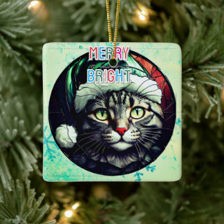 Ornement En Céramique Chat gris tabby à Noël en verre coloré avec chapea