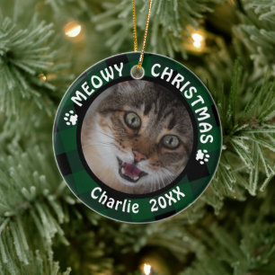 Ornement En Céramique Chat "Meowy Christmas" 2-Côtés 2-Photo Vert Plaid