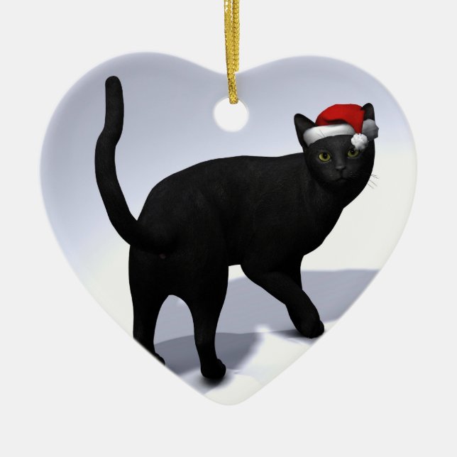 Ornement En Céramique Chat noir avec Casquette du Père Noël (Devant)