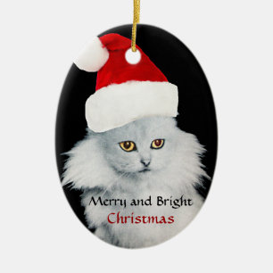 ORNEMENT EN CÉRAMIQUE CHAT NOIR BLANC AVEC CASQUETTE SANTA CLAUS