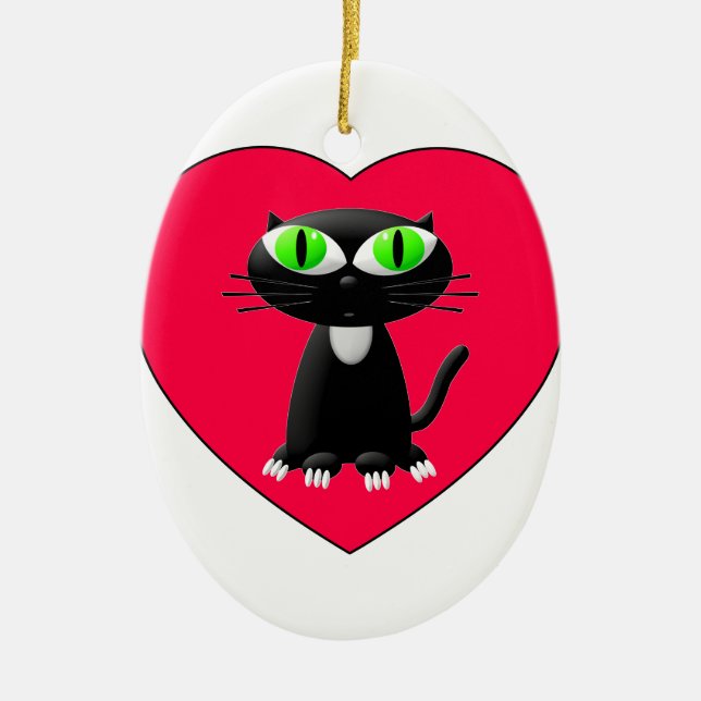 Ornement En Céramique Chat noir dans le coeur rouge (Devant)