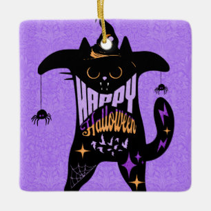 Ornement En Céramique Chat noir rétro drôle Halloween