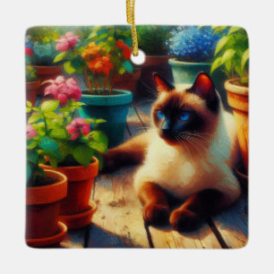 Ornement En Céramique Chat siamois dans le jardin peinture à l'huile