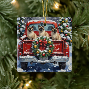 Ornement En Céramique Chat siamois Noël camion rouge Fêtes