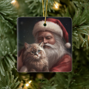 Ornement En Céramique Chat Sibérien avec le Père Noël Festif de Noël