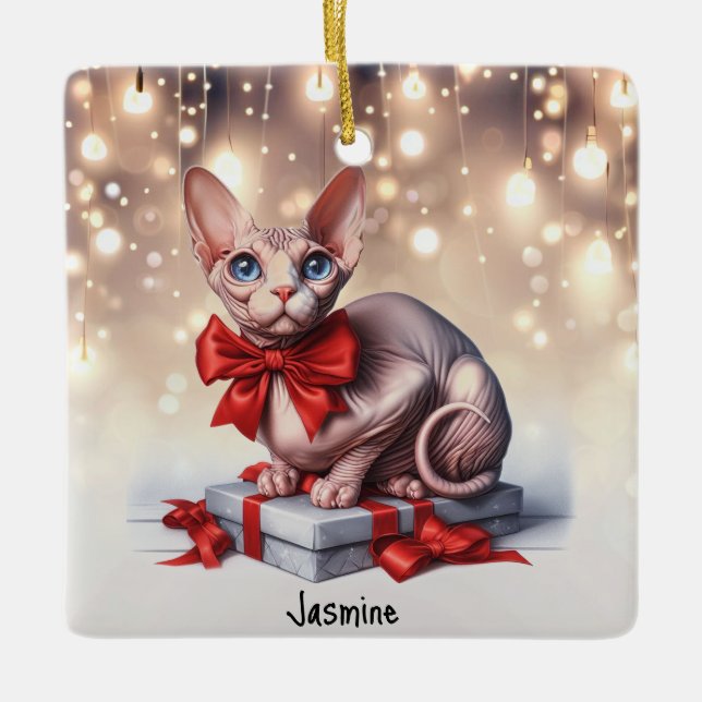Ornement En Céramique Chat Sphynx Noël (Devant)