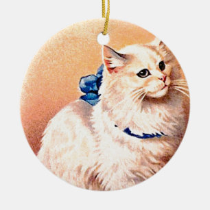 Ornement En Céramique Chat vintage avec Bleu Bow