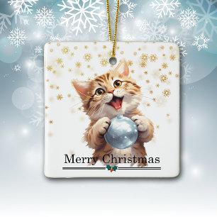 Ornement En Céramique Chaton Tabby Heureux avec Ampoule d'Arbre de Noël