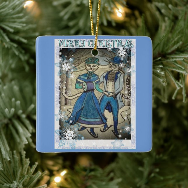 Ornement En Céramique Chats de patinage sur glace (Arbre)