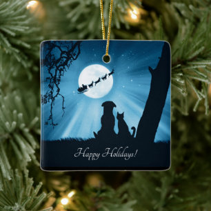 Ornement En Céramique Chatte Chien et Chat Joyeux Fêtes Noël