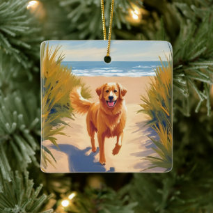 Ornement En Céramique Chemin de plage Golden Retriever   Chien océan ani