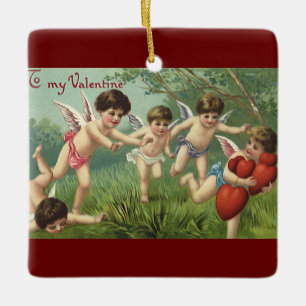 Ornement En Céramique Chérubins de la Saint-Valentin vintage avec des cœ