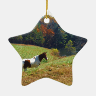 Ornement En Céramique Cheval blanc et Brown, étang d'automne