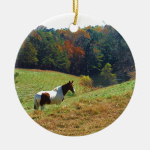 Ornement En Céramique Cheval blanc et Brown, étang d'automne