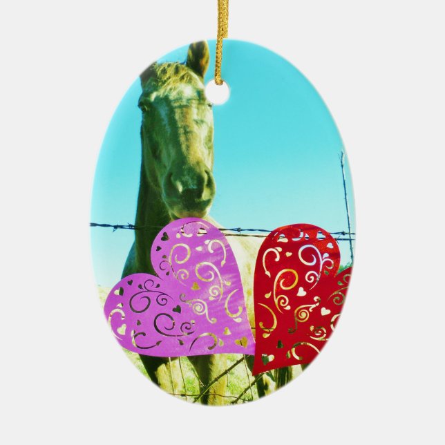 Ornement En Céramique Cheval blond et Coeurs rose et rouge (Devant)