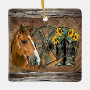Ornement En Céramique Cheval Cowboy Boots Wagon Wheels Sunflowers Wester