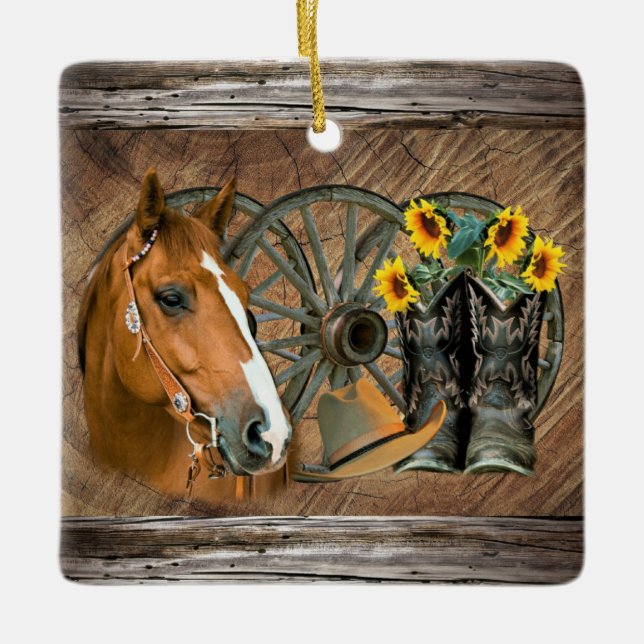 Ornement En Céramique Cheval Cowboy Boots Wagon Wheels Sunflowers Wester (Devant)