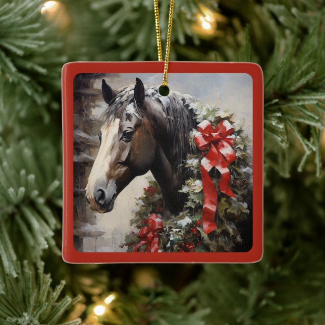 Ornement En Céramique Cheval de beauté personnalisé avec couronne Noël (Arbre)