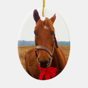 Ornement En Céramique Cheval de Noël Brown et Bow rouge