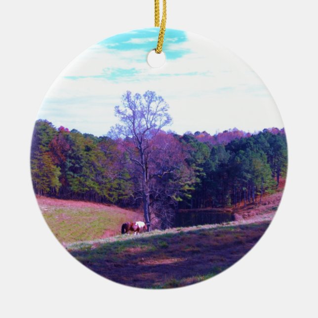 Ornement En Céramique Cheval éloigné dans un champ violet (Devant)