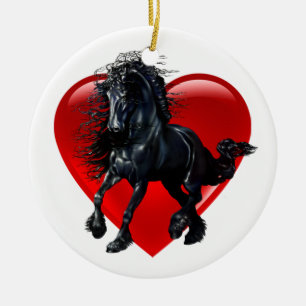 Ornement En Céramique Cheval frison, étalon noir, coeur noir de beauté