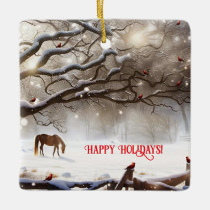 Ornement En Céramique Cheval mignon dans le pâturage avec Cardinals Noël