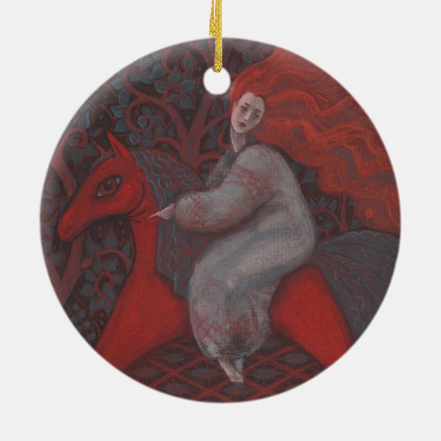 Ornement En Céramique "Cheval Rouge", femme rousse, imaginaire art surré (Dos)