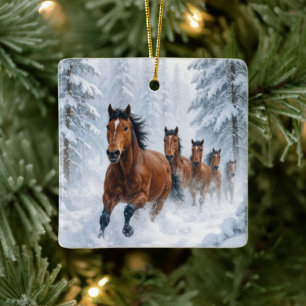 Ornement En Céramique Chevaux de Noël courant à travers une forêt enneig