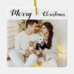 Ornement En Céramique Chic Custom Family Couple Photo Holiday Christmas<br><div class="desc">Chic custom holiday ceramic ornament with the words "Merry Christmas" in an elegant black script font with a white background. Click "Personalize" to add a special photo of your family or you and your husband or wife and perhaps even your pets. Click "Click to customize further" to add text and...</div>