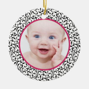 Ornement En Céramique Chic Damask Pink Baby's First Christmas