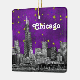 Ornement En Céramique Chicago Skyline Etched, Ciel d'étoile violet