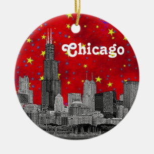 Ornement En Céramique Chicago Skyline Etched, Red Starry Sky