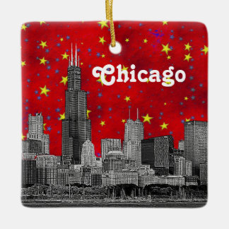 Ornement En Céramique Chicago Skyline Etched, Red Starry Sky