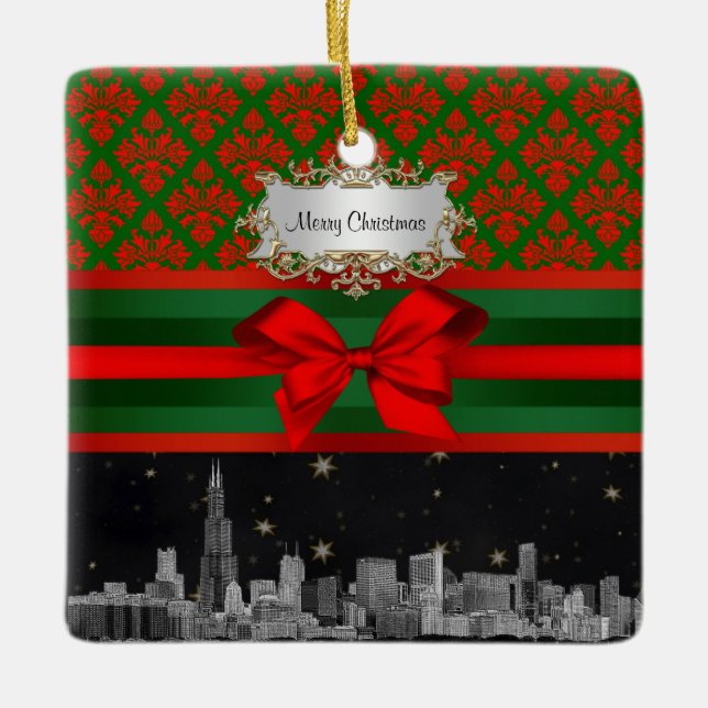 Ornement En Céramique Chicago Skyline Red Green Damask #2 Bow Xmas (Devant)