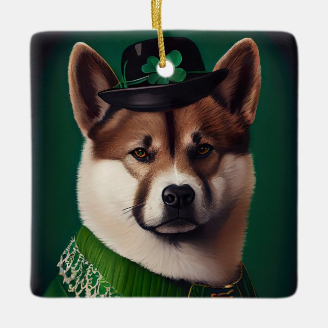 Ornement En Céramique Chien akita en tenue de la Saint Patrick's Day (Devant)