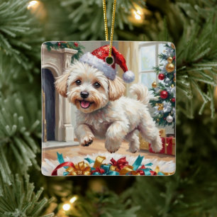 Ornement En Céramique Chien Bichon Frise Fluffy Noël Joyeux