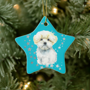 Ornement En Céramique Chien blanc Maltais Étoiles d'argent Noël Turquois