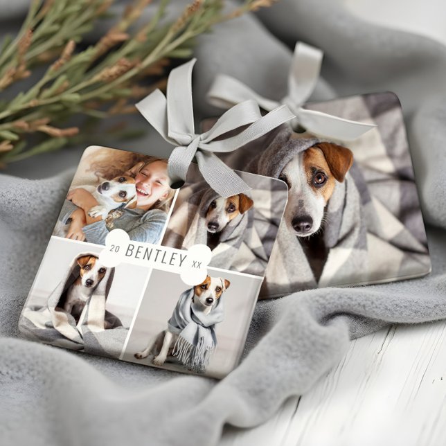 Ornement En Céramique Chien Bone Moderne Four Photo Pet Collage (Dog Bone Modern Four Photo Pet Collage Ceramic Ornament)