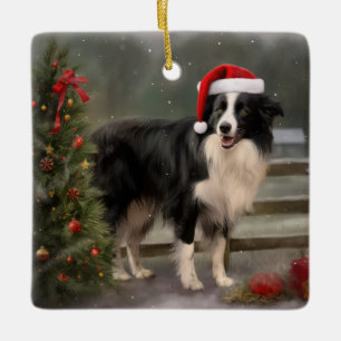 Ornement En Céramique Chien Border Collie dans la neige de Noël