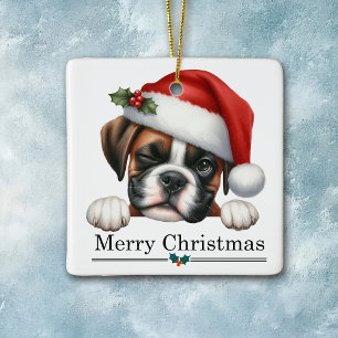 Ornement En Céramique Chien Boxer Chapeau de Père Noël Clin d'œil Puppy