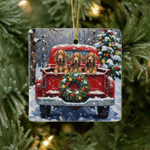 Ornement En Céramique Chien courant à pointillé bleu Noël Camion Rouge F