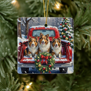 Ornement En Céramique Chien de berger des Shetland camion rouge de Noël 