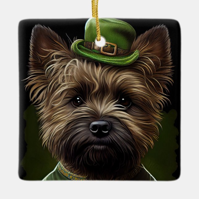 Ornement En Céramique Chien de Cairn Terrier en Robe de la Saint Patrick (Devant)