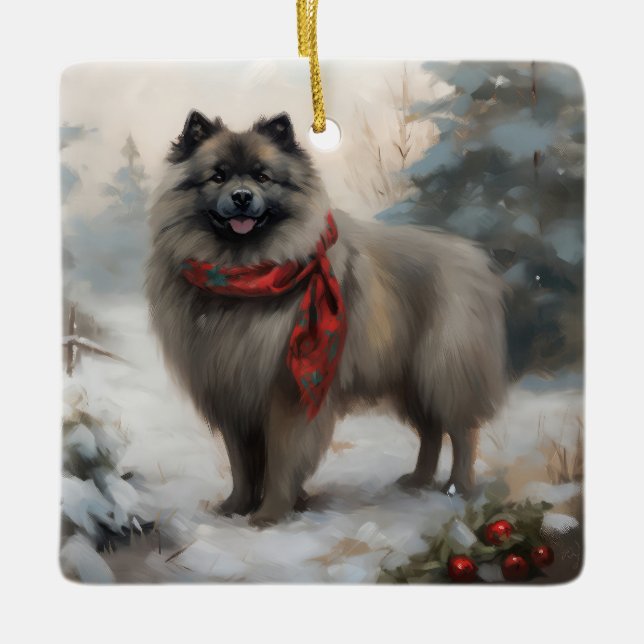Ornement En Céramique Chien de Keeshond à Noël de neige (Devant)