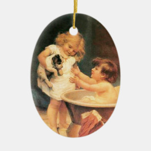 Ornement En Céramique Chien de manchon prenant un bain, vintage, antique