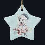 Ornement En Céramique Chien de Noël Husky dans un chapeau de Père Noël<br><div class="desc">Un ornement avec une peinture à l'aquarelle fantaisiste et mignonne d'un chien coquin portant un chapeau de Père Noël bleu.</div>