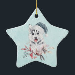 Ornement En Céramique Chien de Noël Husky dans un chapeau de Père Noël<br><div class="desc">Un ornement avec une peinture à l'aquarelle fantaisiste et mignonne d'un chien coquin portant un chapeau de Père Noël bleu.</div>