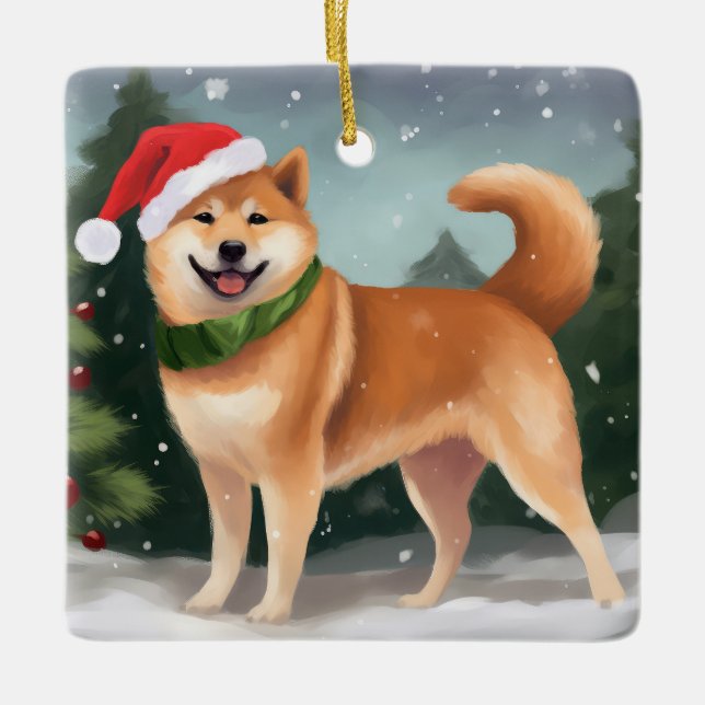 Ornement En Céramique Chien de Shiba Inu à Noël de neige (Devant)